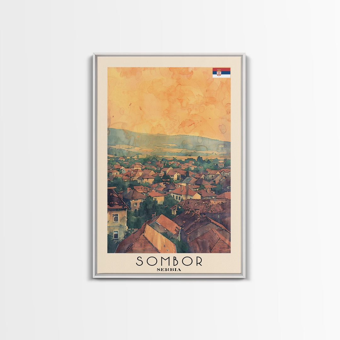 Sombor Serbia Travel Poster Framed Canvas Print, Watercolor Painting, Scenic Wall Art, Home Decor, Serbian Landscape, Classic Art