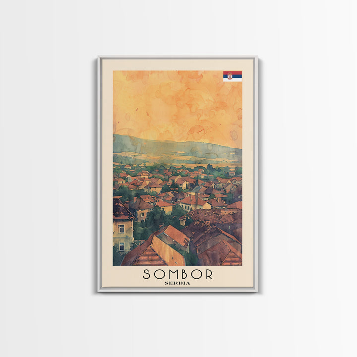 Sombor Serbia Travel Poster Framed Canvas Print, Watercolor Painting, Scenic Wall Art, Home Decor, Serbian Landscape, Classic Art