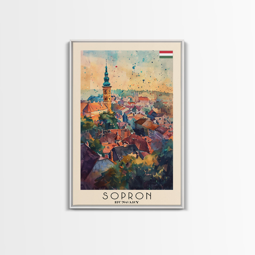 Sopron Hungary Travel Poster Framed Canvas Print, Watercolor Painting, Scenic Wall Art, Home Decor, Hungarian Cityscape, Artistic Art