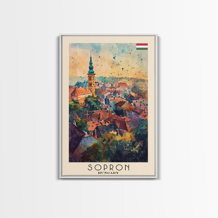 Sopron Hungary Travel Poster Framed Canvas Print, Watercolor Painting, Scenic Wall Art, Home Decor, Hungarian Cityscape, Artistic Art