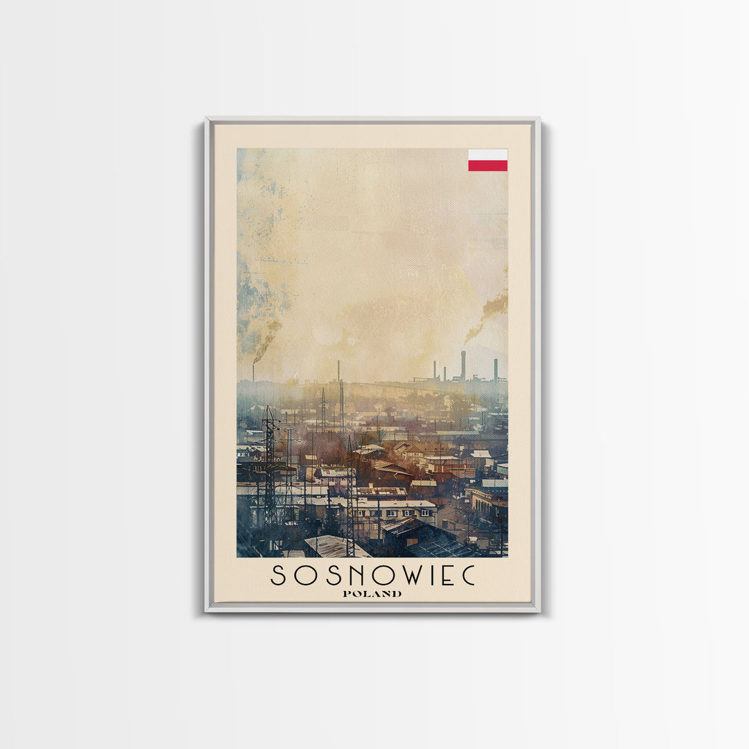 Sosnowiec Poland Travel Poster Framed Canvas Print, Watercolor Painting, Urban Wall Art, Home Decor, Polish Cityscape, Modern Art