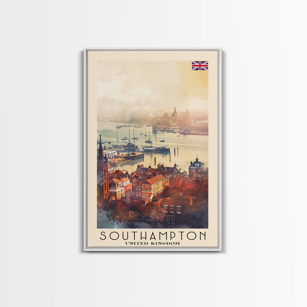 Southampton United Kingdom Travel Poster Framed Canvas Print, Watercolor Painting, Coastal Wall Art, Home Decor, British Seaside, Vibrant Decor