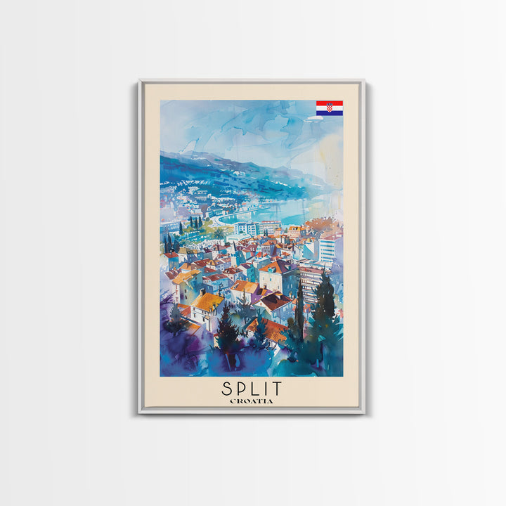 Split Croatia Travel Poster Framed Canvas Print, Watercolor Painting, Coastal Wall Art, Home Decor, Croatian Seaside, Modern Decor