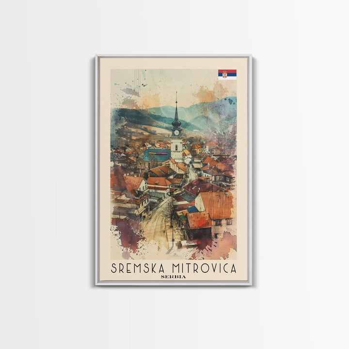 Sremska Mitrovica Serbia Travel Poster Framed Canvas Print, Watercolor Painting, Scenic Wall Art, Home Decor, Serbian Landscape, Artistic Decor