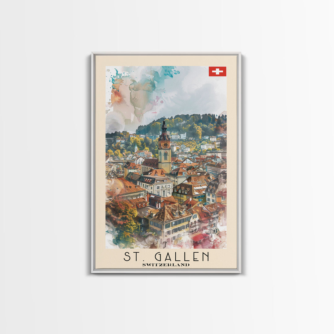 St Gallen Switzerland Travel Poster Framed Canvas Print, Watercolor Painting, Scenic Wall Art, Home Decor, Swiss Landscape, Classic Art