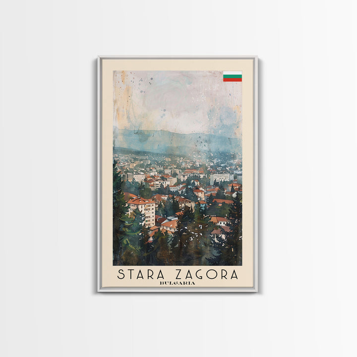 Stara Zagora Bulgaria Travel Poster Framed Canvas Print, Watercolor Painting, Scenic Wall Art, Home Decor, Bulgarian Landscape, Modern Art