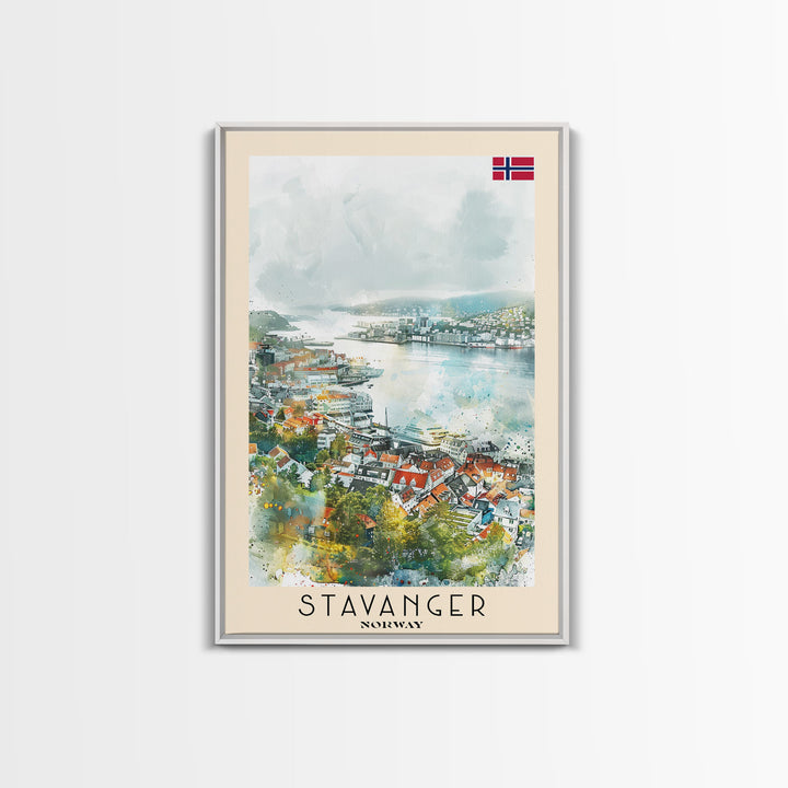 Stavanger Norway Travel Poster Framed Canvas Print, Watercolor Painting, Coastal Wall Art, Home Decor, Norwegian Seaside, Nautical Decor