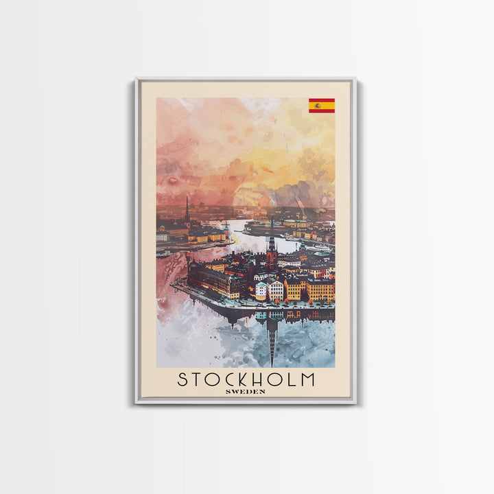 Stockholm Sweden Travel Poster Framed Canvas Print, Watercolor Painting, Scenic Wall Art, Home Decor, Swedish Cityscape, Contemporary Art