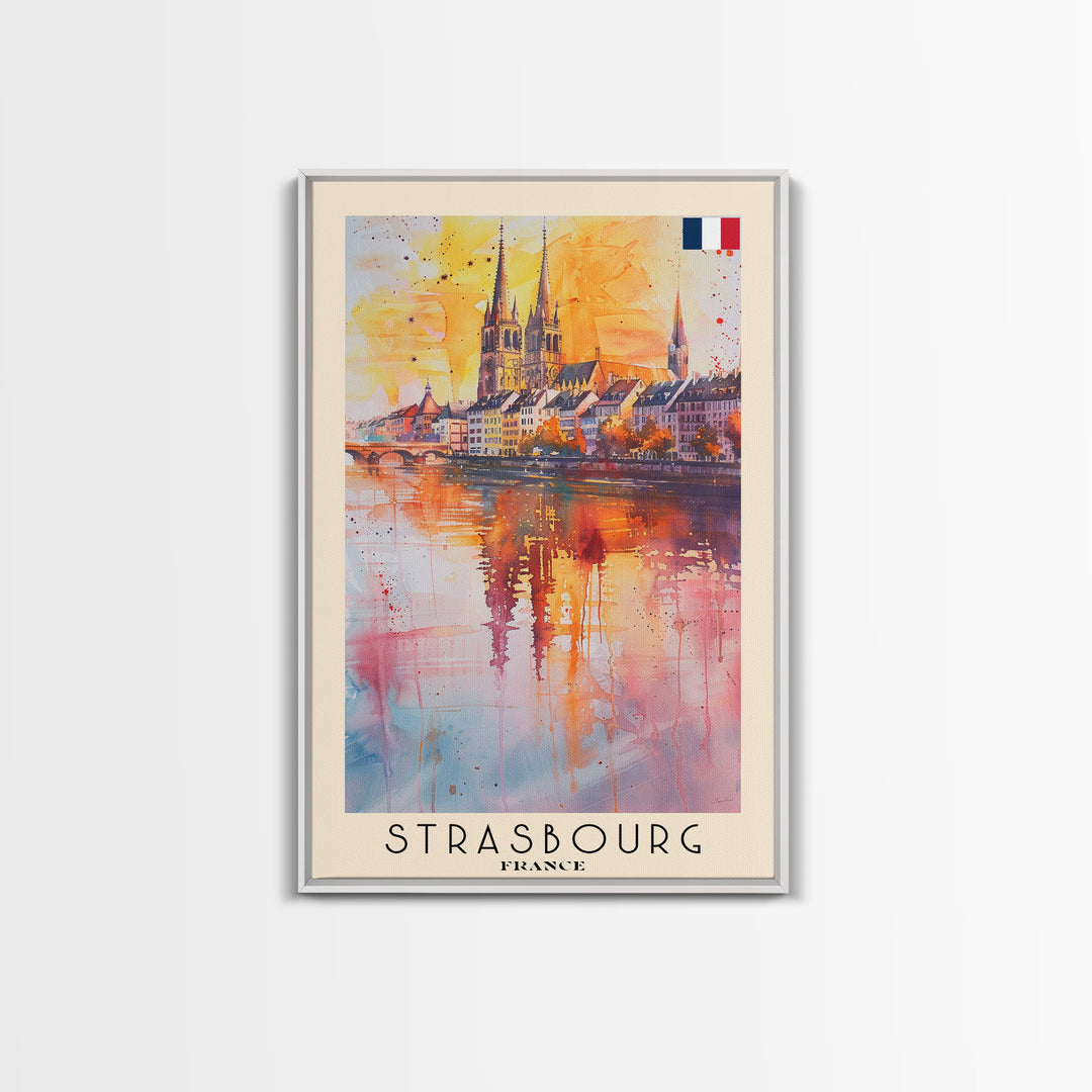 Strasbourg France Travel Poster Framed Canvas Print, Watercolor Painting, Historic Wall Art, Home Decor, French Architecture, Chic Decor