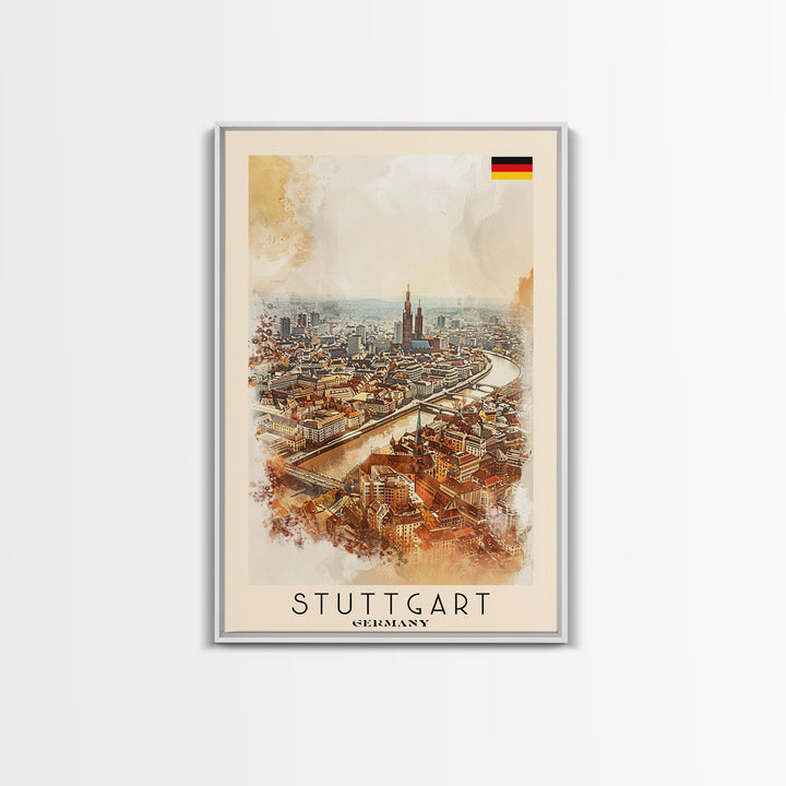 Stuttgart Germany Travel Poster Framed Canvas Print, Watercolor Painting, Urban Wall Art, Home Decor, German Cityscape, Modern Art