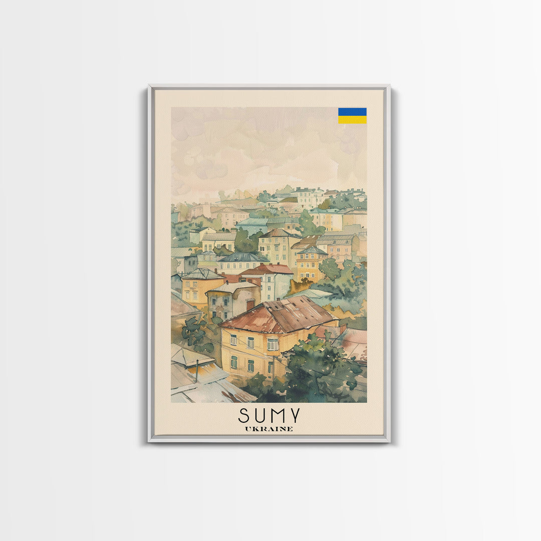 Sumy Ukraine Travel Poster Framed Canvas Print, Watercolor Painting, Scenic Wall Art, Home Decor, Ukrainian Landscape, Bohemian Decor