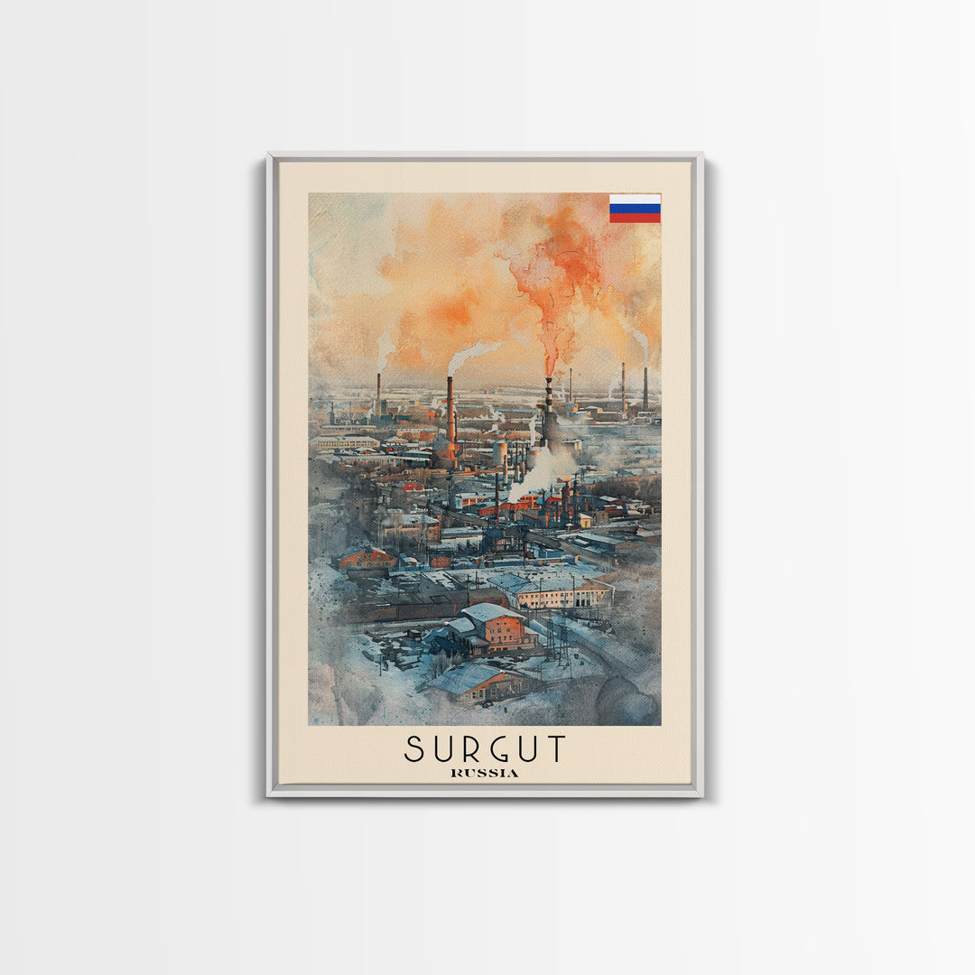 Surgut Russia Travel Poster Framed Canvas Print, Watercolor Painting, Scenic Wall Art, Home Decor, Russian Landscape, Minimalist Art