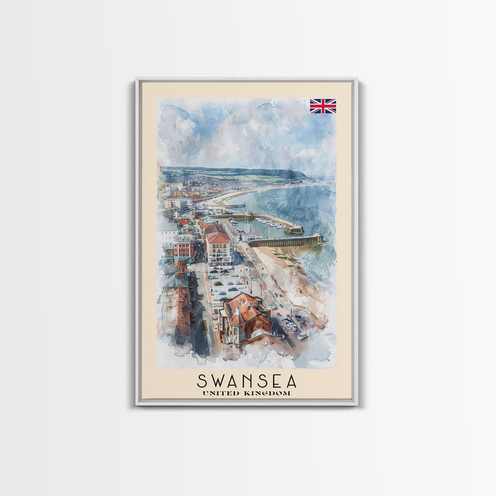 Swansea United Kingdom Travel Poster Framed Canvas Print, Watercolor Painting, Coastal Wall Art, Home Decor, British Seaside, Nautical Art