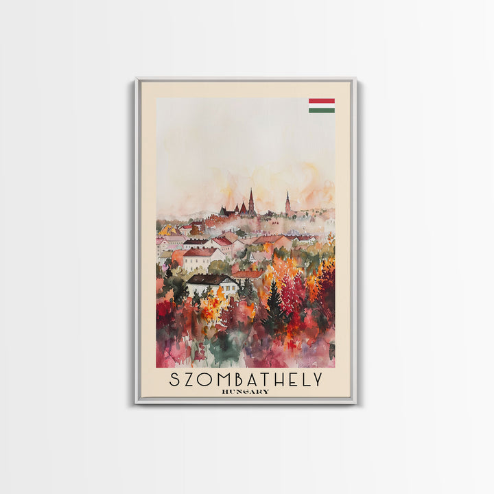 Szombathely Hungary Travel Poster Framed Canvas Print, Watercolor Painting, Scenic Wall Art, Home Decor, Hungarian Cityscape, Classic Art