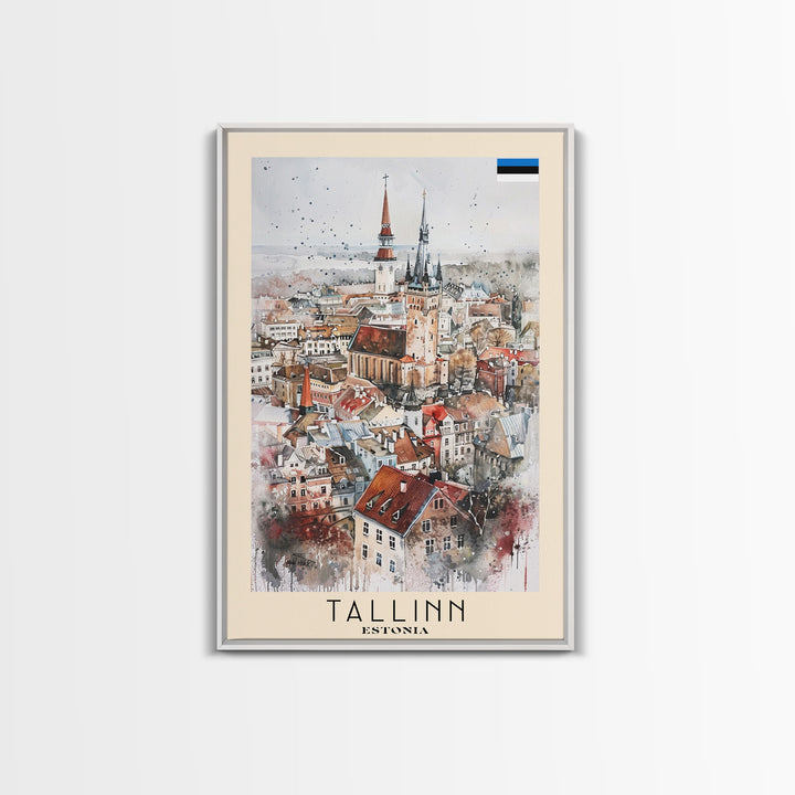 Tallinn Estonia Travel Poster Framed Canvas Print, Watercolor Painting, Scenic Wall Art, Home Decor, Estonian Cityscape, Modern Art