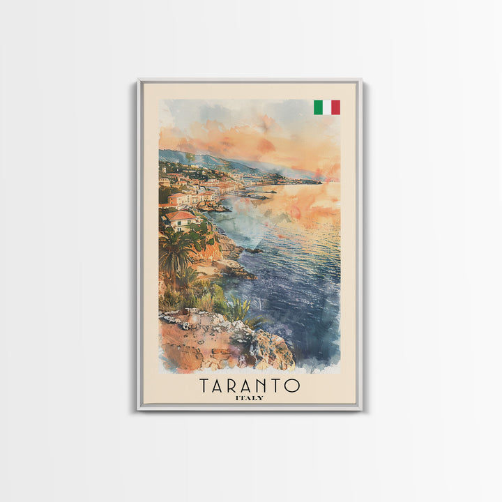 Taranto Italy Travel Poster Framed Canvas Print, Watercolor Painting, Coastal Wall Art, Home Decor, Italian Seaside, Nautical Decor