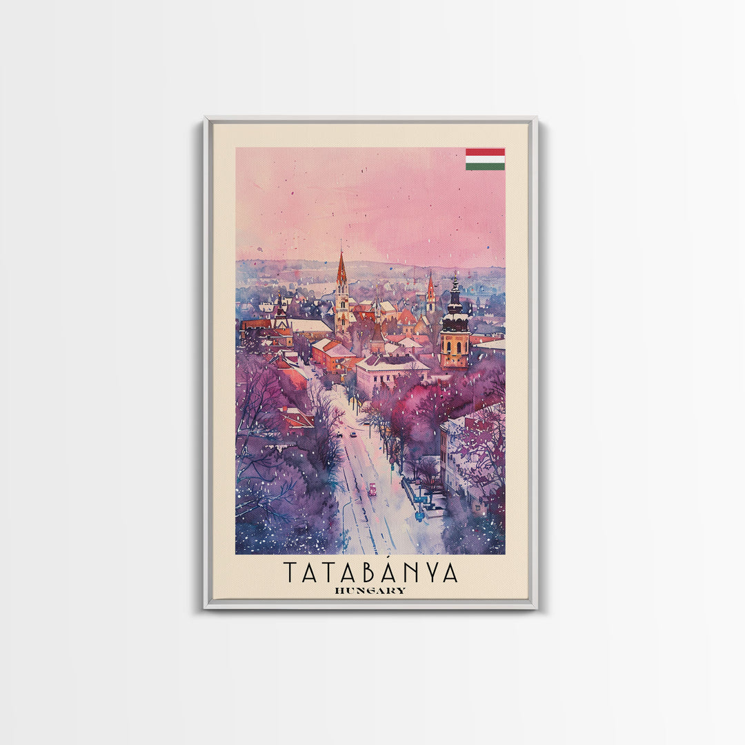 Tatabanya Hungary Travel Poster Framed Canvas Print, Watercolor Painting, Scenic Wall Art, Home Decor, Hungarian Landscape, Vibrant Art