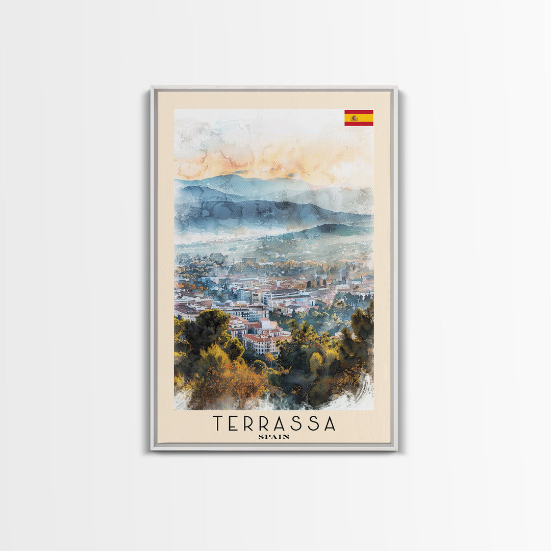 Terrassa Spain Travel Poster Framed Canvas Print, Watercolor Painting, Urban Wall Art, Home Decor, Spanish Cityscape, Modern Art