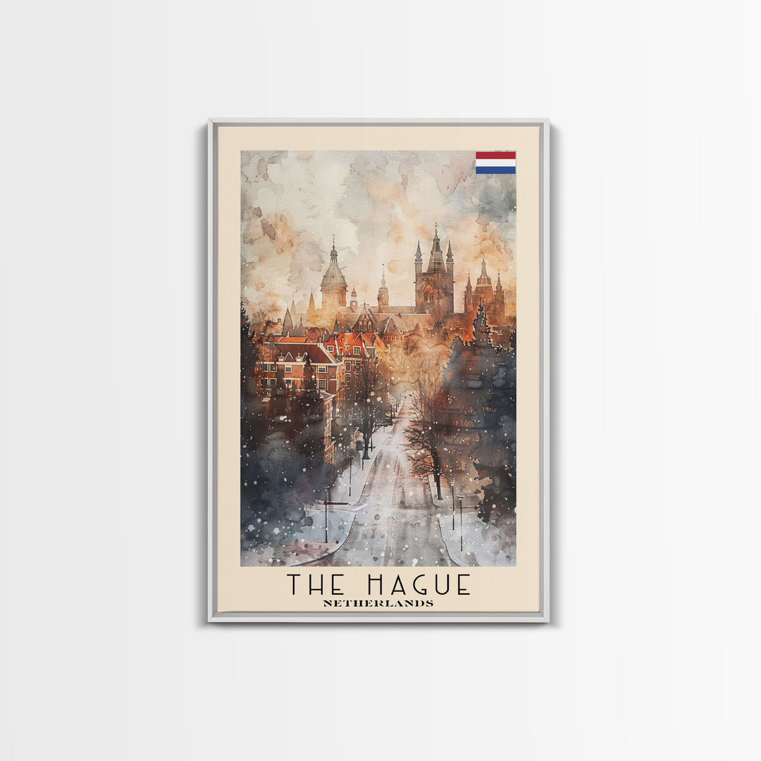 The Hague Netherlands Travel Poster Framed Canvas Print, Watercolor Painting, Scenic Wall Art, Home Decor, Dutch Cityscape, Artistic Art