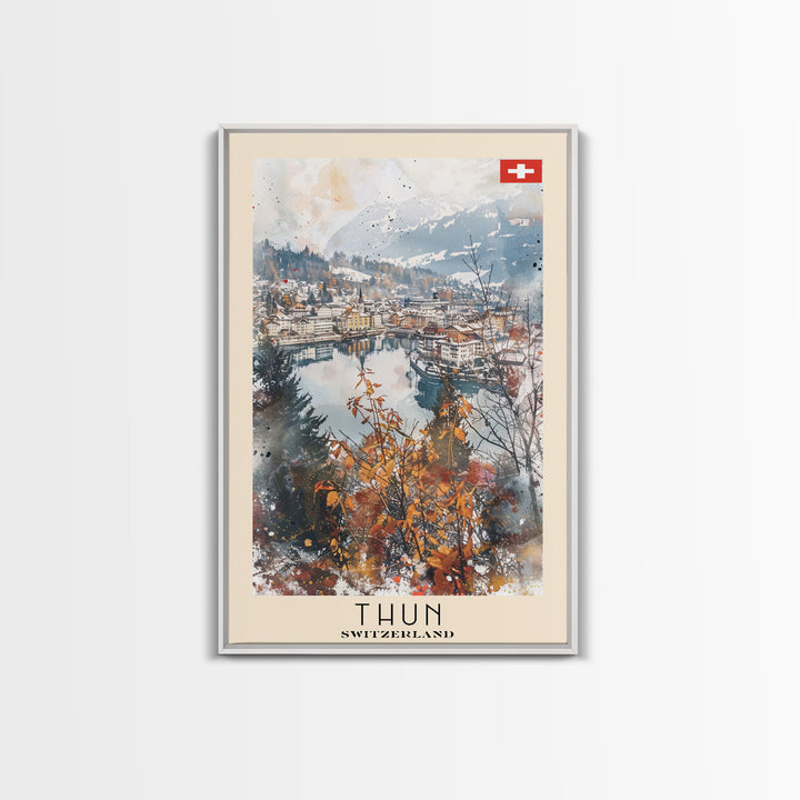 Thun Switzerland Travel Poster Framed Canvas Print, Watercolor Painting, Scenic Wall Art, Home Decor, Swiss Landscape, Alpine Art