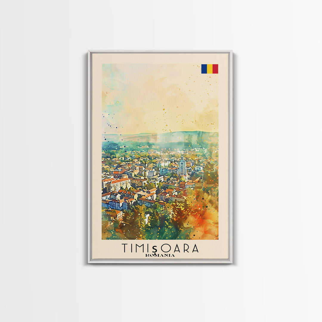 Timisoara Romania Travel Poster Framed Canvas Print, Watercolor Painting, Scenic Wall Art, Home Decor, Romanian Architecture, Heritage Art