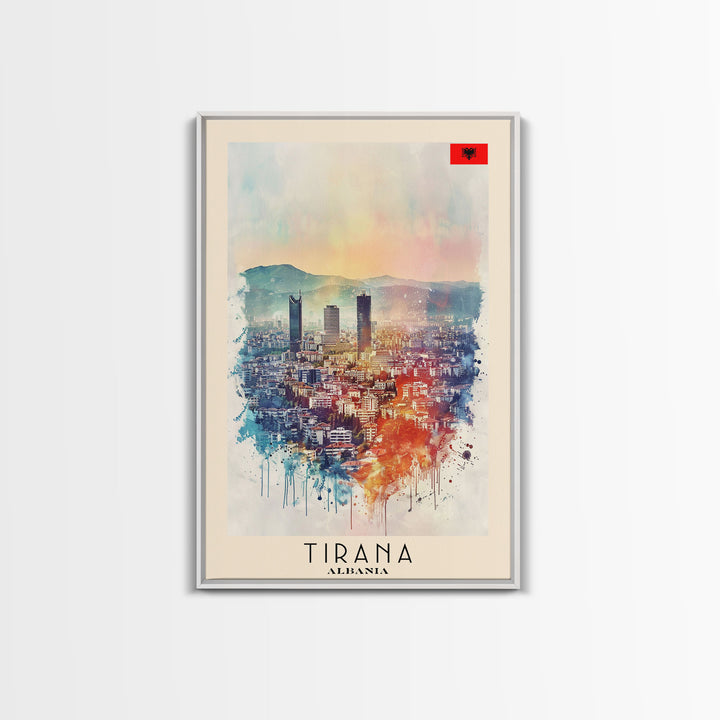 Tirana Albania Travel Poster Framed Canvas Print, Watercolor Painting, Urban Wall Art, Home Decor, Albanian Cityscape, Exotic Decor