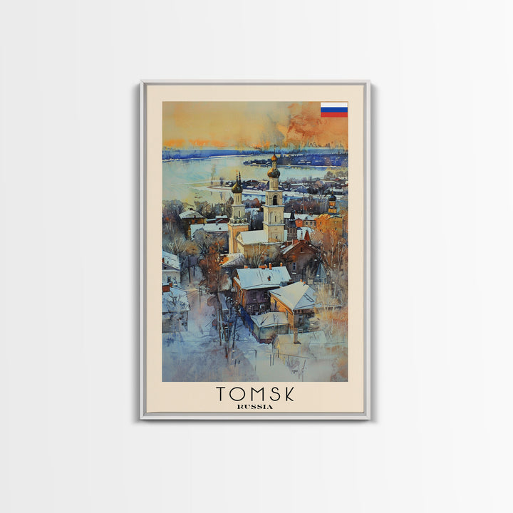 Tomsk Russia Travel Poster Framed Canvas Print, Watercolor Painting, Urban Wall Art, Home Decor, Russian Cityscape, Vintage Decor