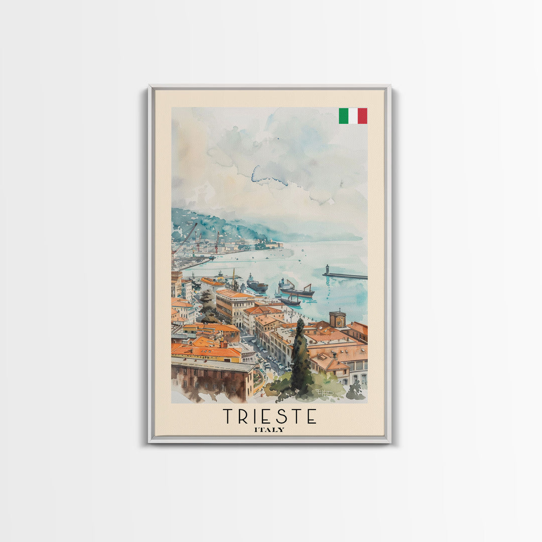 Trieste Italy Travel Poster Framed Canvas Print, Watercolor Painting, Coastal Wall Art, Home Decor, Italian Seaside, Nautical Art