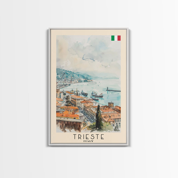 Trieste Italy Travel Poster Framed Canvas Print, Watercolor Painting, Coastal Wall Art, Home Decor, Italian Seaside, Nautical Art