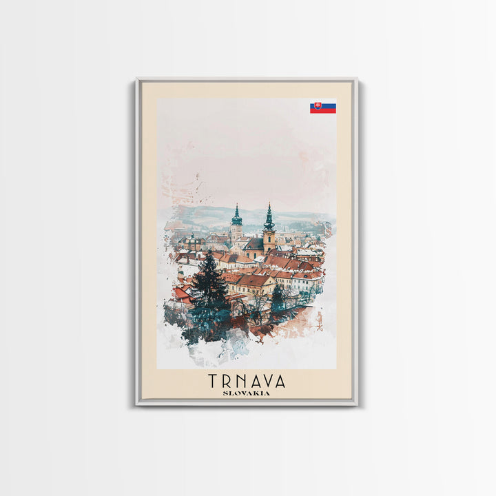 Trnava Slovakia Travel Poster Framed Canvas Print, Watercolor Painting, Scenic Wall Art, Home Decor, Slovakian Cityscape, Modern Decor