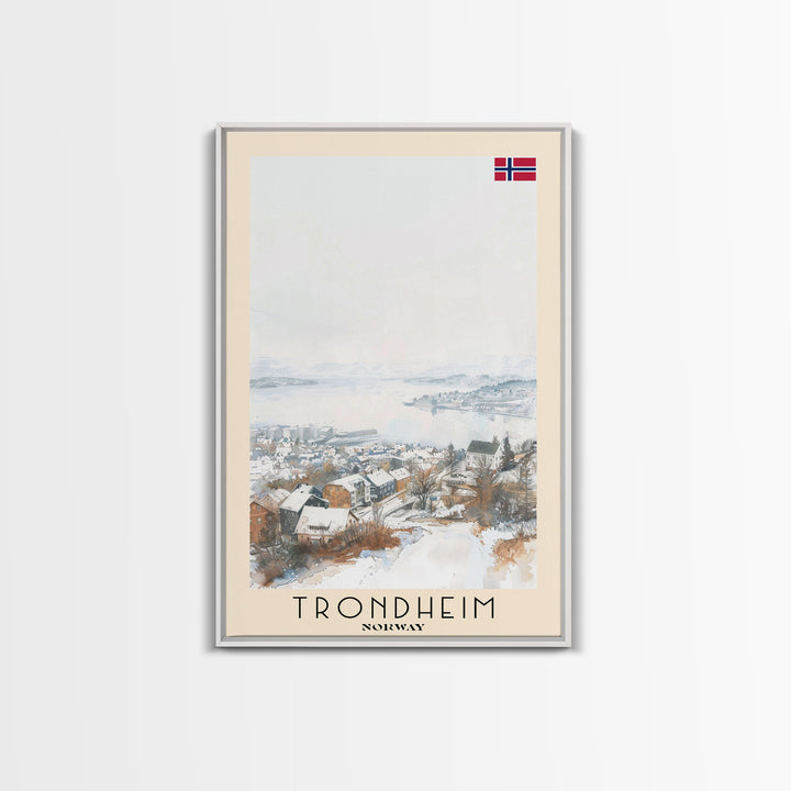 Trondheim Norway Travel Poster Framed Canvas Print, Watercolor Painting, Coastal Wall Art, Home Decor, Norwegian Seaside, Nordic Decor