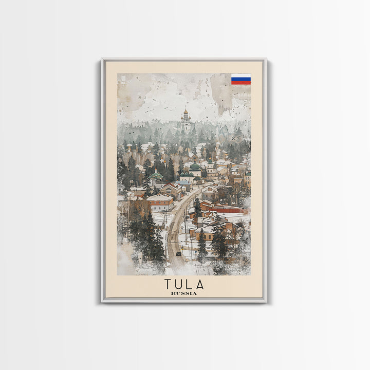 Tula Russia Travel Poster Framed Canvas Print, Watercolor Painting, Urban Wall Art, Home Decor, Russian Cityscape, Classic Art