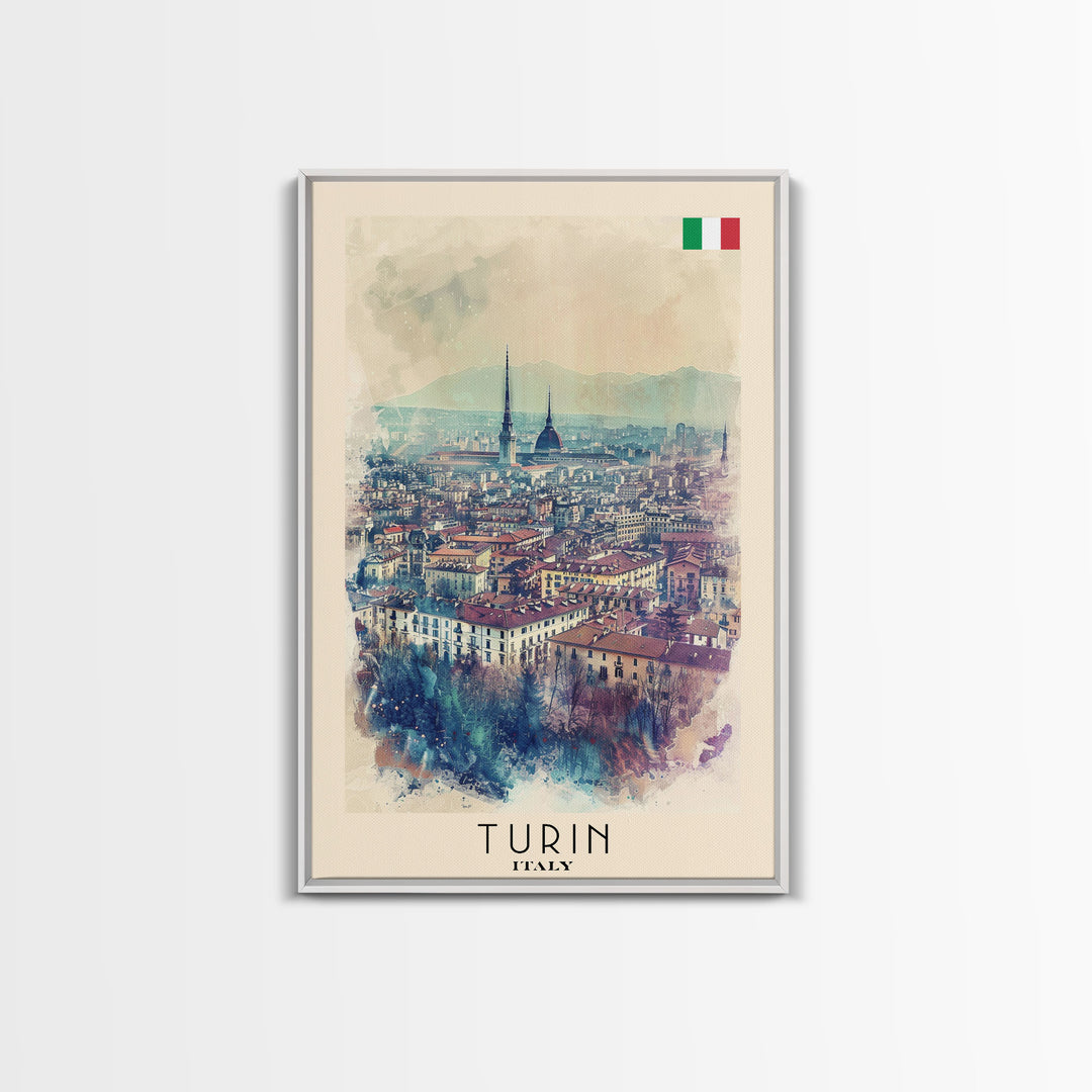 Turin Italy Travel Poster Framed Canvas Print, Watercolor Painting, Urban Wall Art, Home Decor, Italian Cityscape, Vintage Decor