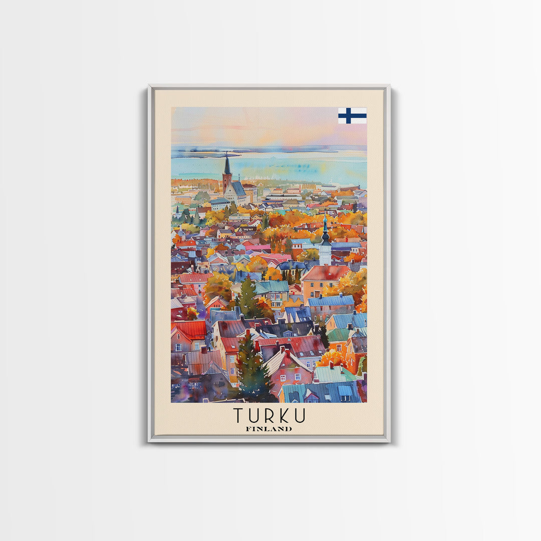 Turku Finland Travel Poster Framed Canvas Print, Watercolor Painting, Coastal Wall Art, Home Decor, Finnish Seaside, Contemporary Decor