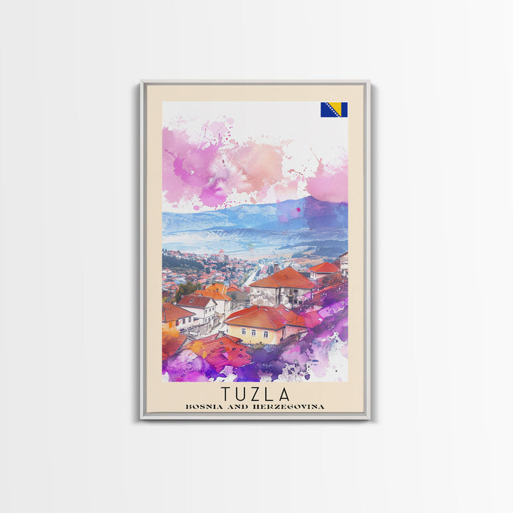 Tuzla Bosnia Travel Poster Framed Canvas Print, Watercolor Painting, Scenic Wall Art, Home Decor, Bosnian Landscape, Unique Art