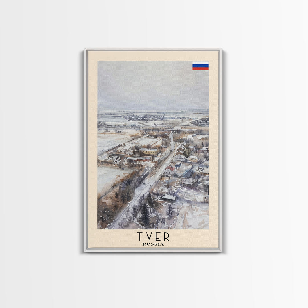 Tver Russia Travel Poster Framed Canvas Print, Watercolor Painting, Scenic Wall Art, Home Decor, Russian Landscape, Rustic Decor