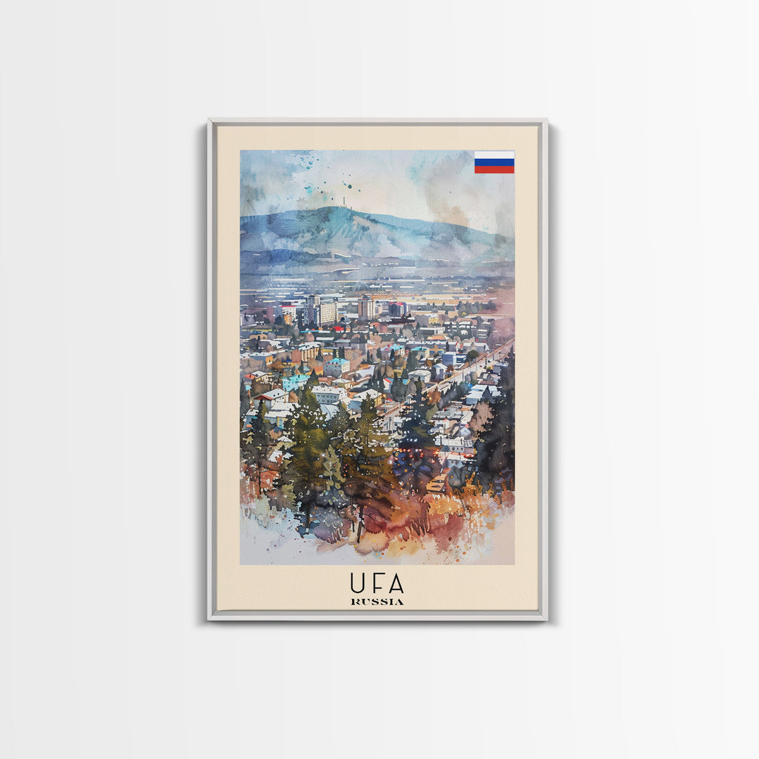 Ufa Russia Travel Poster Framed Canvas Print, Watercolor Painting, Scenic Wall Art, Home Decor, Russian Landscape, Vibrant Decor