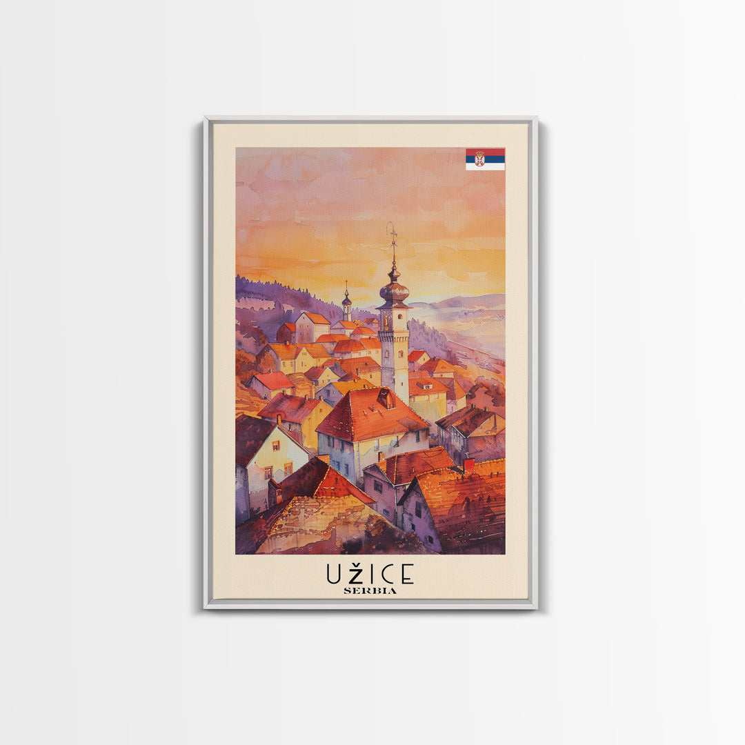 Uice Serbia Travel Poster Framed Canvas Print, Watercolor Painting, Scenic Wall Art, Home Decor, Serbian Landscape, Heritage Art