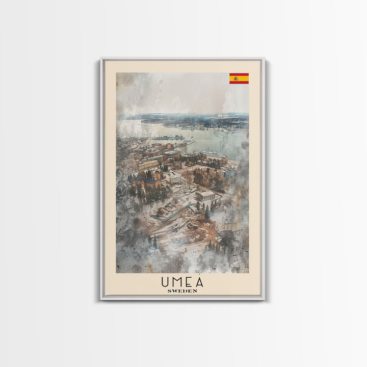 Ume Sweden Travel Poster Framed Canvas Print, Watercolor Painting, Scenic Wall Art, Home Decor, Swedish Landscape, Nordic Decor