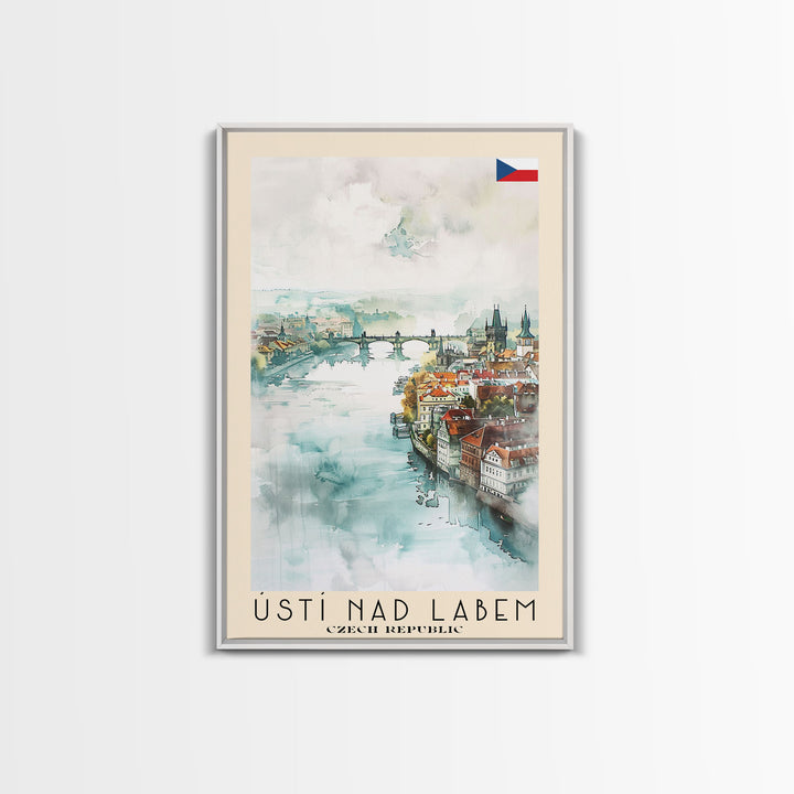 Usti Nad Labem Czech Travel Poster Framed Canvas Print, Watercolor Painting, Scenic Wall Art, Home Decor, Czech Landscape, Bohemian Art