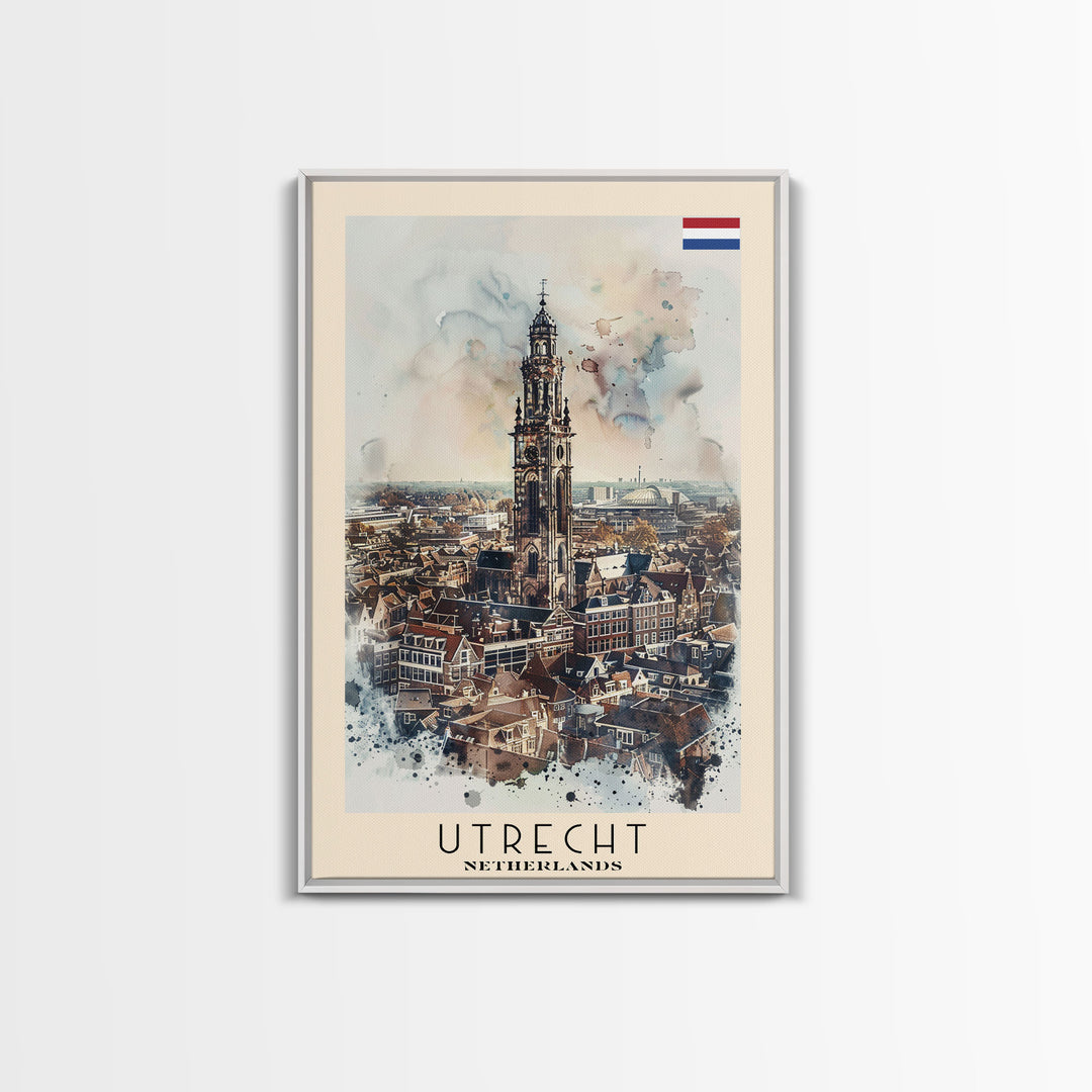 Utrecht Netherlands Travel Poster Framed Canvas Print, Watercolor Painting, Urban Wall Art, Home Decor, Dutch Cityscape, Trendy Art