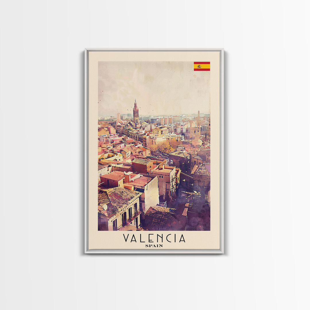 Valencia Spain Travel Poster Framed Canvas Print, Watercolor Painting, Coastal Wall Art, Home Decor, Spanish Seaside, Mediterranean Decor