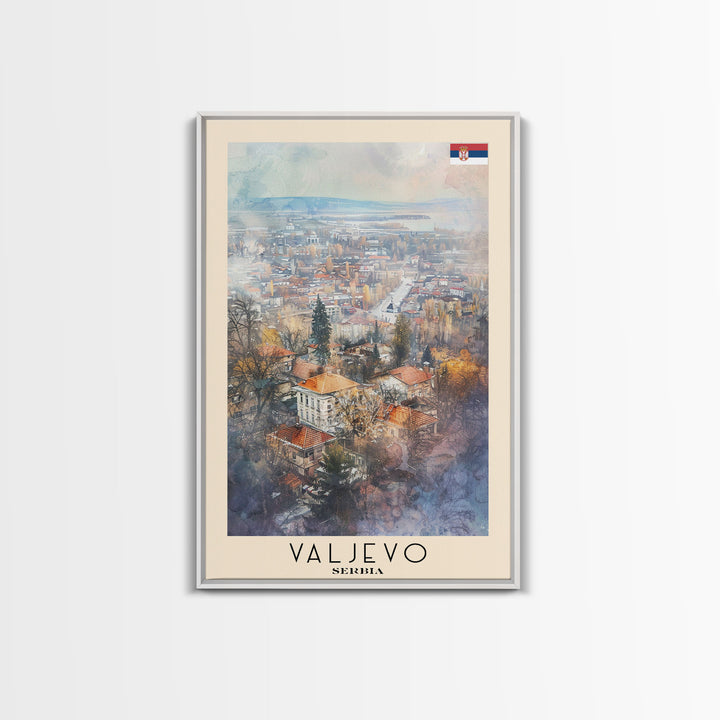 Valjevo Serbia Travel Poster Framed Canvas Print, Watercolor Painting, Scenic Wall Art, Home Decor, Serbian Landscape, Unique Art