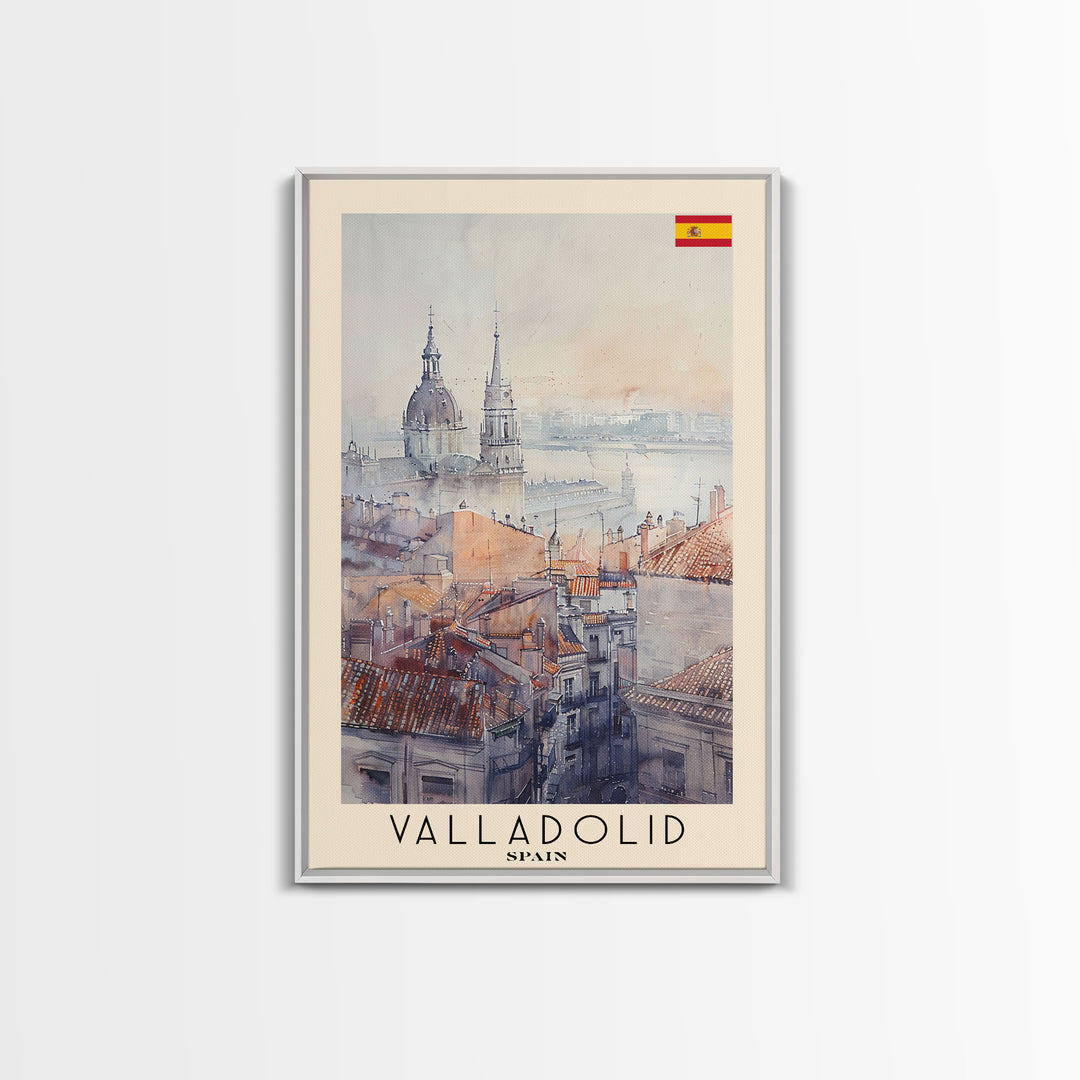 Valladolid Spain Travel Poster Framed Canvas Print, Watercolor Painting, Scenic Wall Art, Home Decor, Spanish Cityscape, Heritage Decor