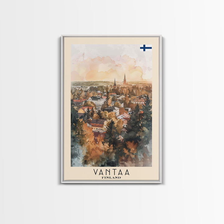 Vantaa Finland Travel Poster Framed Canvas Print, Watercolor Painting, Urban Wall Art, Home Decor, Finnish Cityscape, Modern Art