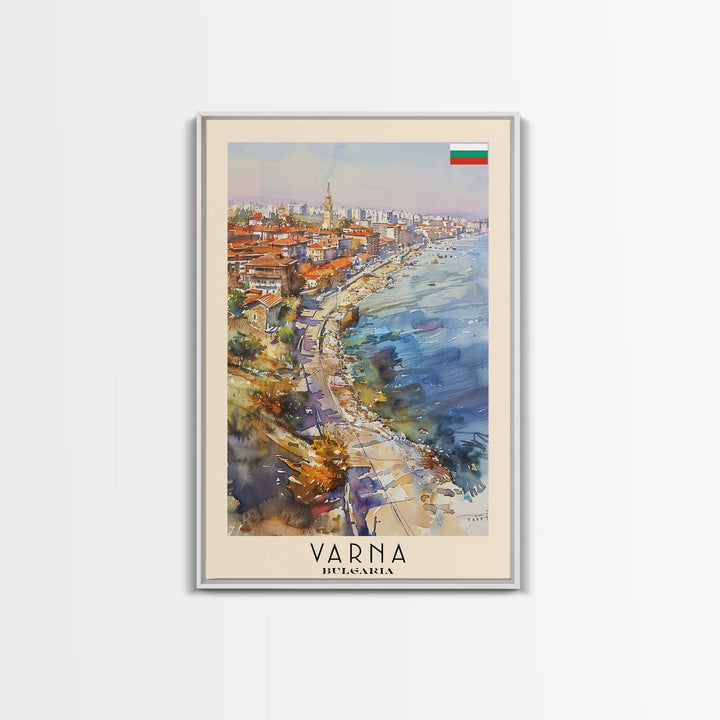 Varna Bulgaria Travel Poster Framed Canvas Print, Watercolor Painting, Coastal Wall Art, Home Decor, Bulgarian Seaside, Nautical Art