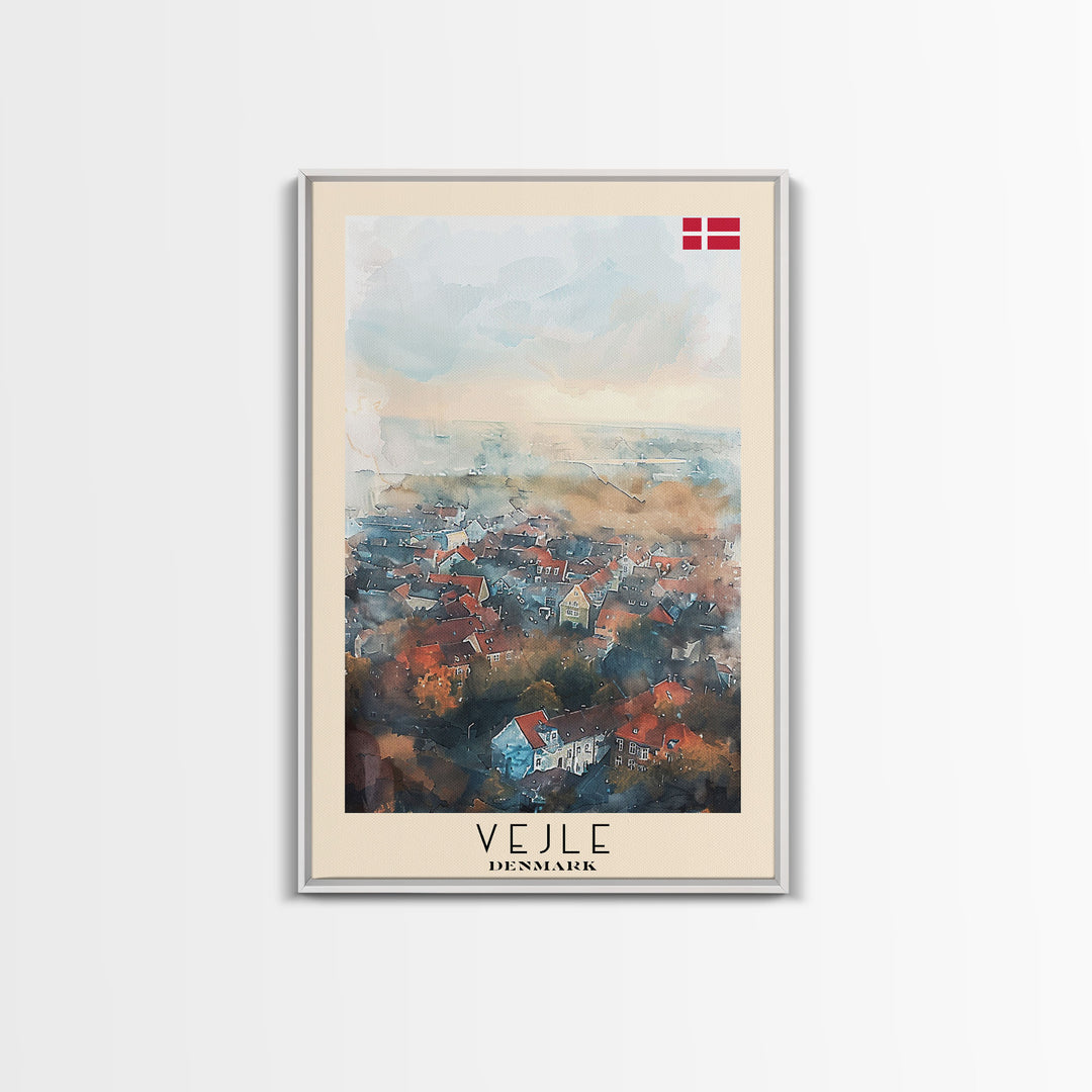 Vejle Denmark Travel Poster Framed Canvas Print, Watercolor Painting, Scenic Wall Art, Home Decor, Danish Landscape, Nordic Decor