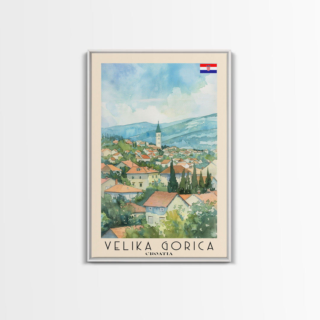 Velika Gorica Croatia Travel Poster Framed Canvas Print, Watercolor Painting, Urban Wall Art, Home Decor, Croatian Cityscape, Vibrant Art