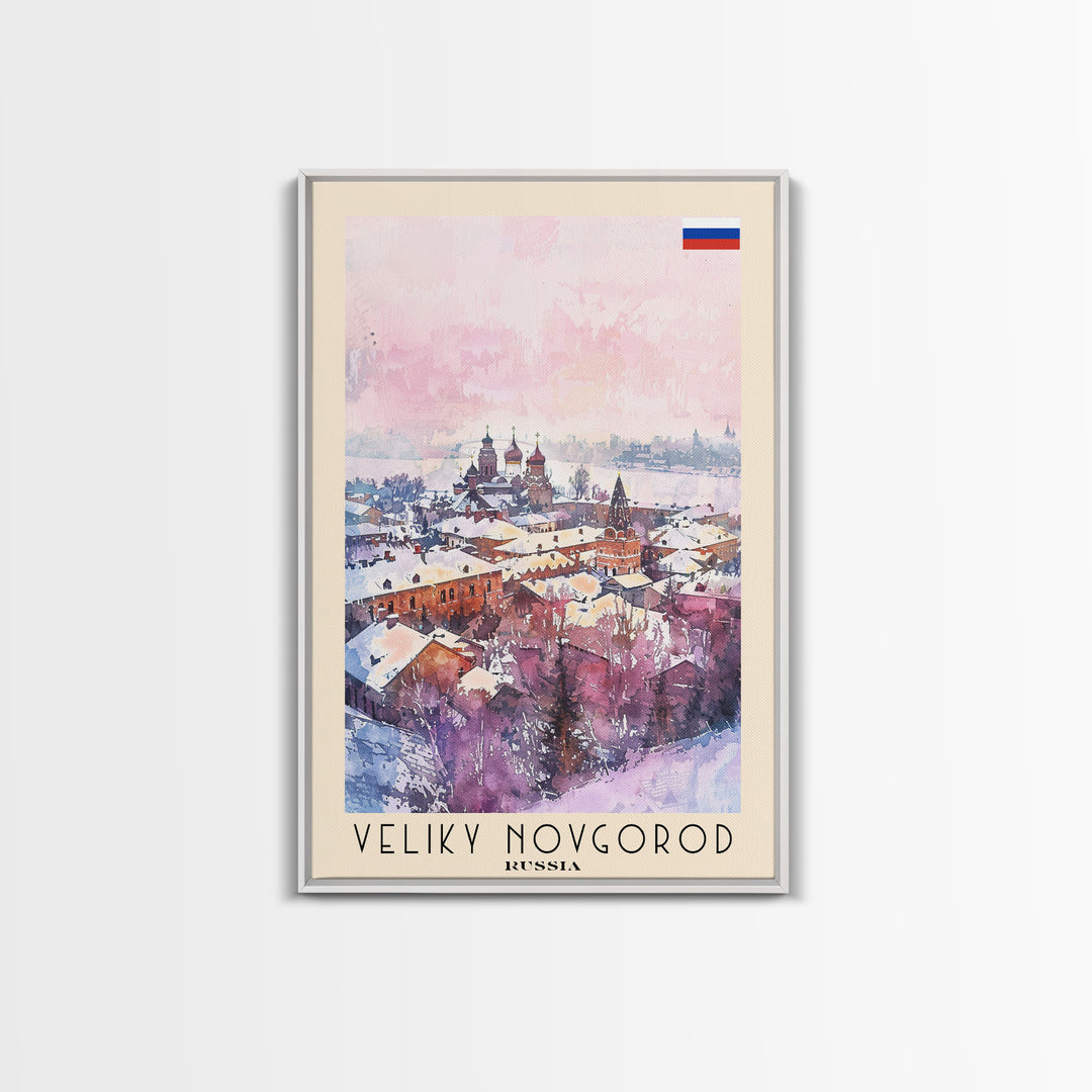 Veliky Novgorod Russia Travel Poster Framed Canvas Print, Watercolor Painting, Historic Wall Art, Home Decor, Russian Architecture, Classic Decor