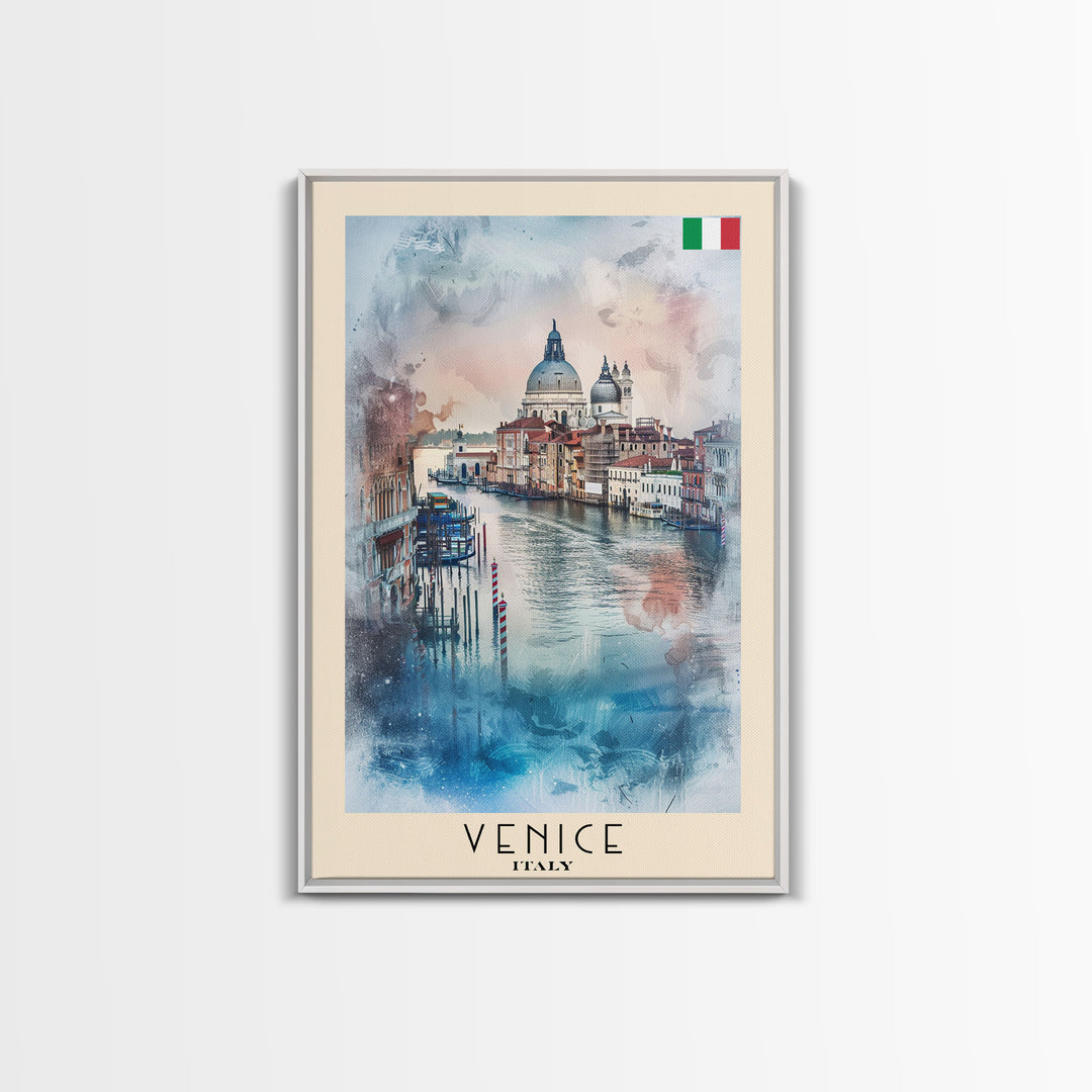 Venice Italy Travel Poster Framed Canvas Print, Watercolor Painting, Scenic Wall Art, Home Decor, Italian Canals, Romantic Decor